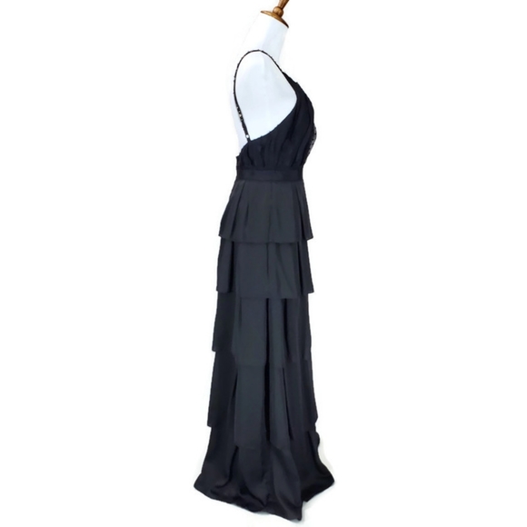 BCBG Max Azria Black Chiffon/ Tiered Ruffle Rhinestone Silk Gown Size 2 Prom - Picture 3 of 12